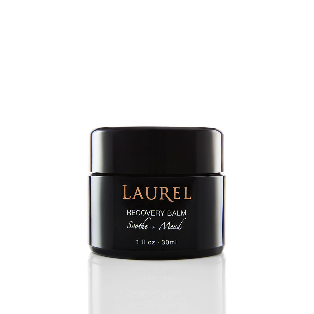 A jar of Laurel brand Recovery Balm labeled for soothing and mending skin, with a capacity of 30ml.